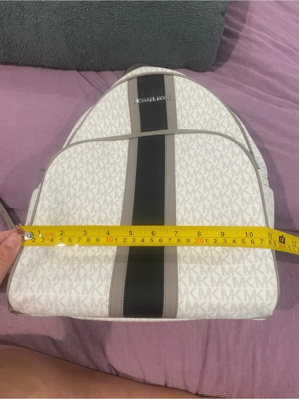 Michael Kors White Monogram Backpack with Black Center Stripe